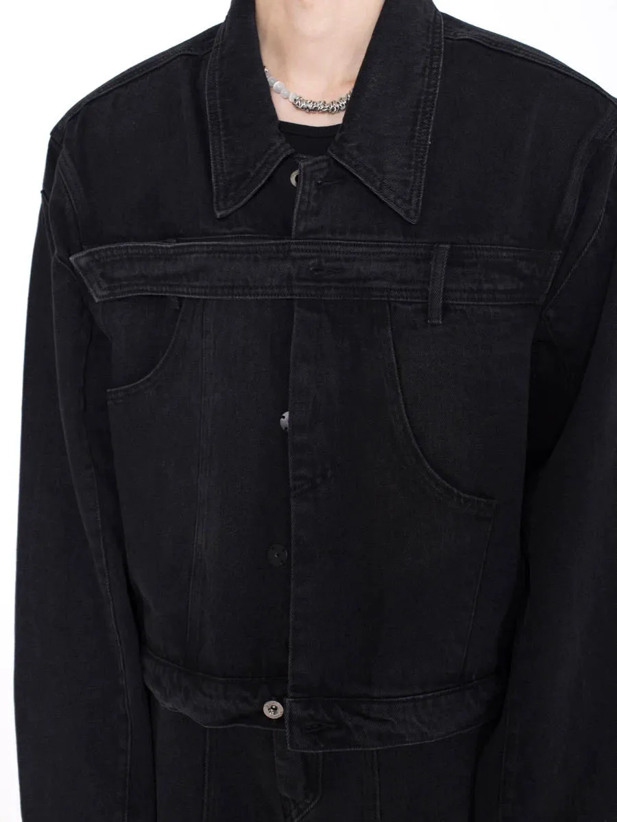 Chest-Strap Boxy Collared Denim Jacket