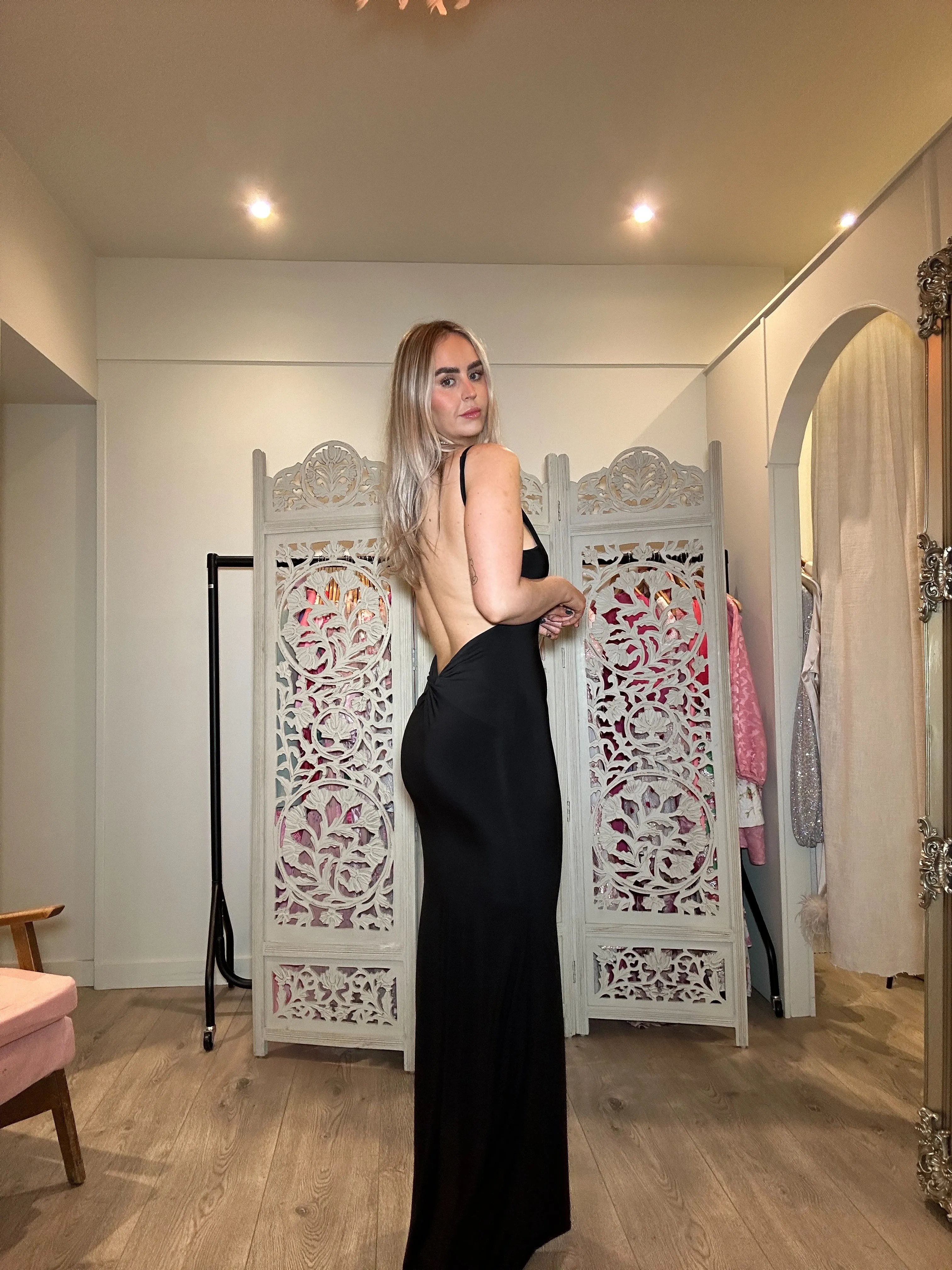 Club L London Endless Love Black Backless Knot Fishtail Maxi Dress