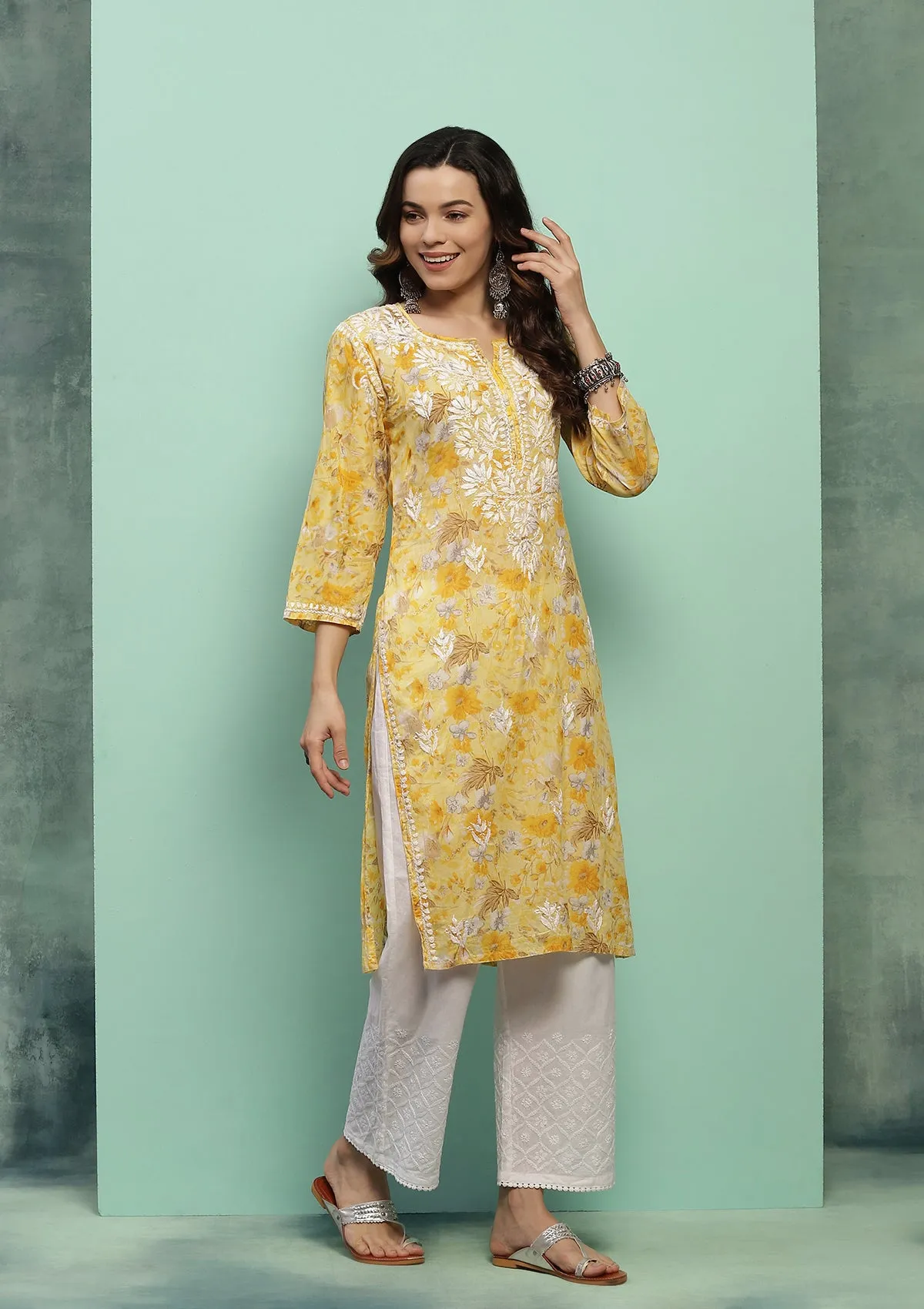 Cotton Chikankari Printed Women's Long Kurta - Yellow