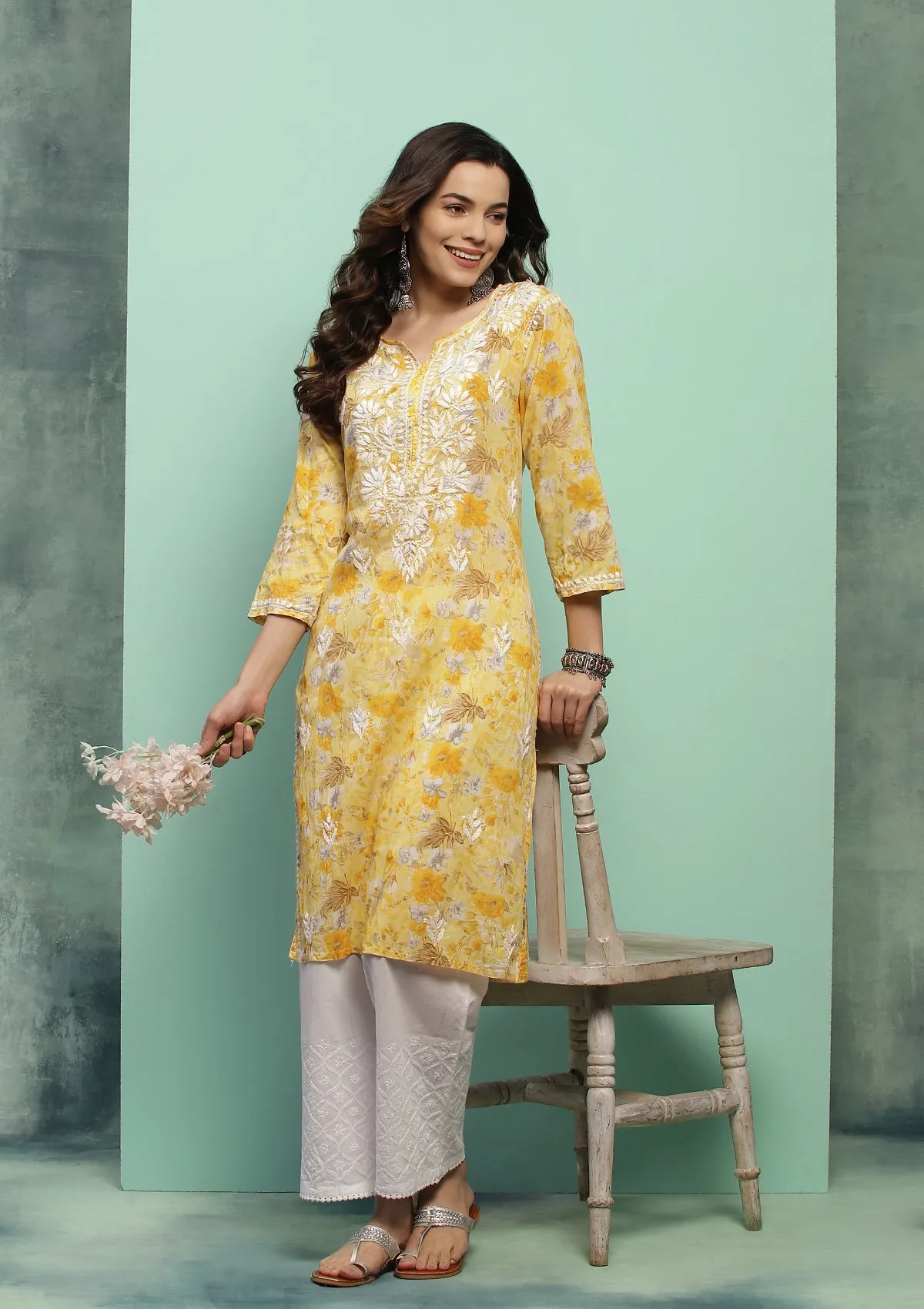 Cotton Chikankari Printed Women's Long Kurta - Yellow