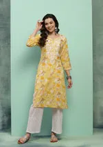 Cotton Chikankari Printed Women's Long Kurta - Yellow