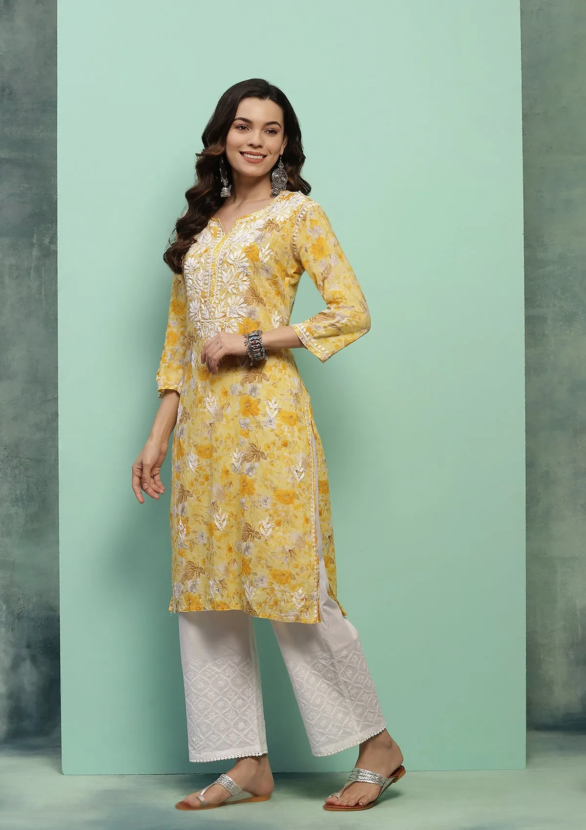 Cotton Chikankari Printed Women's Long Kurta - Yellow