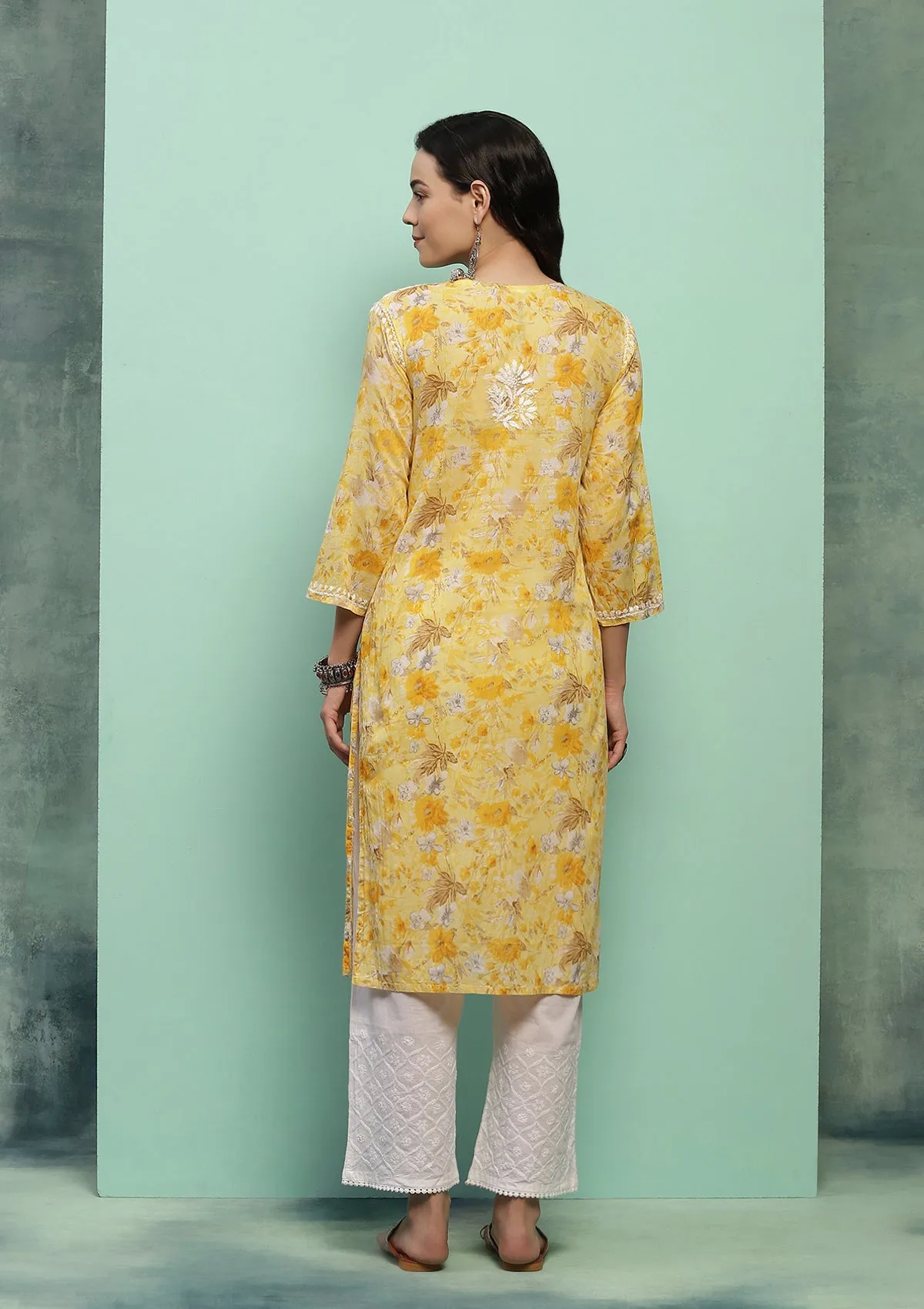 Cotton Chikankari Printed Women's Long Kurta - Yellow