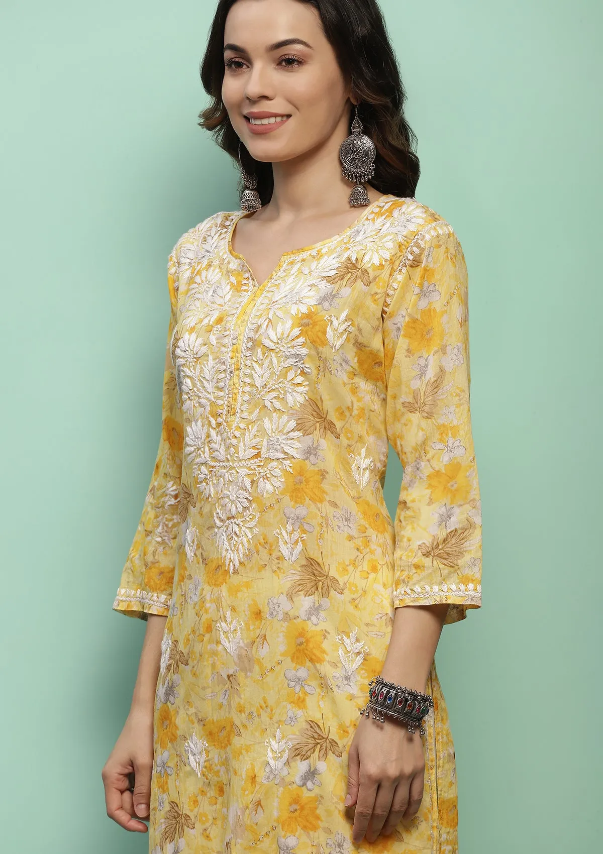 Cotton Chikankari Printed Women's Long Kurta - Yellow