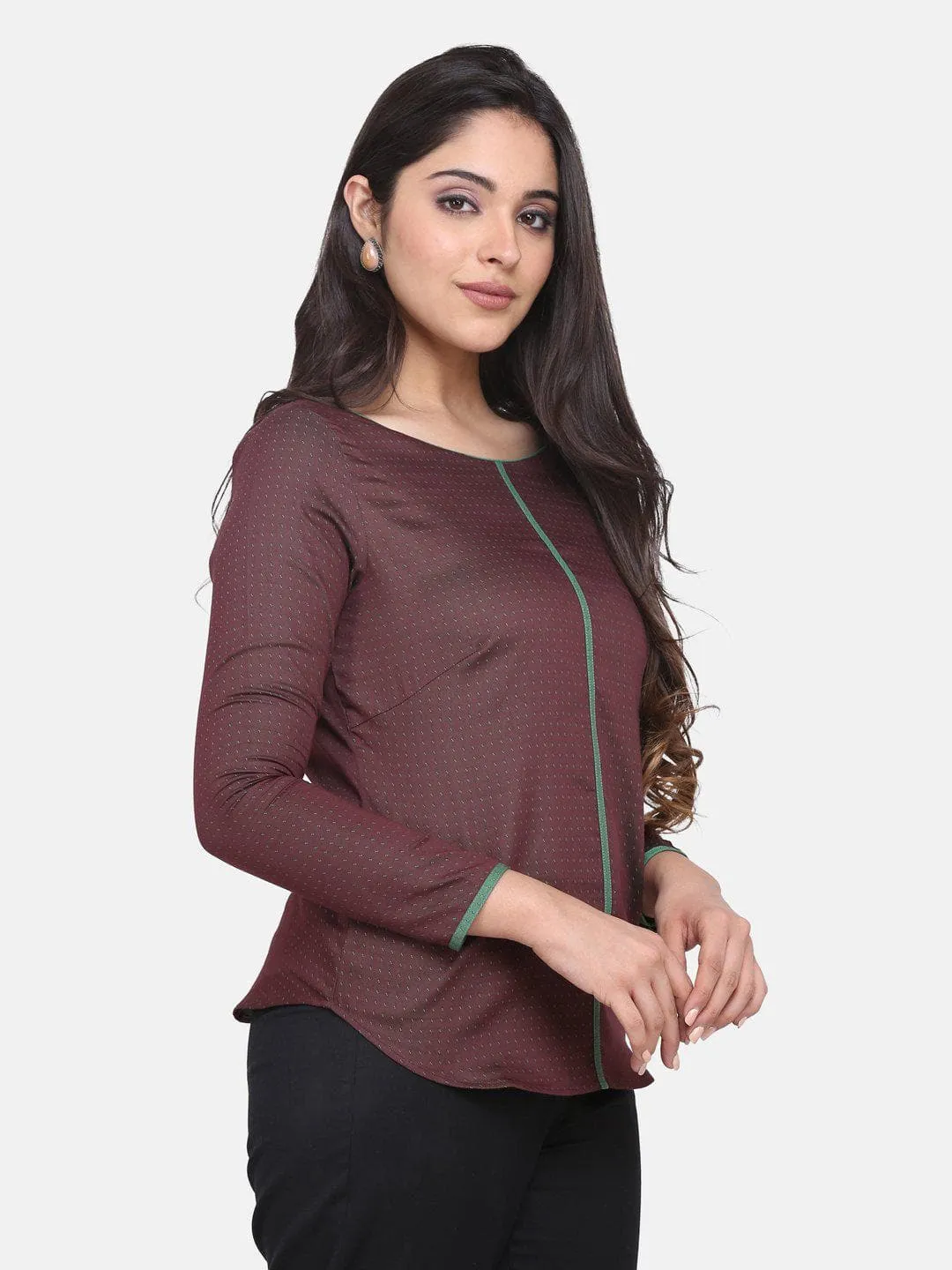 Cotton Top With Green Piping Details - Brown