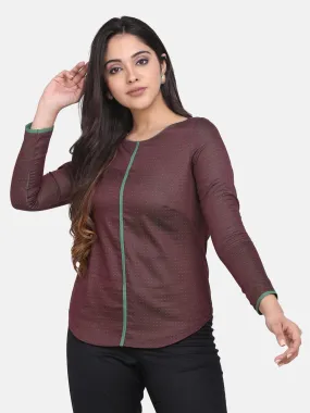 Cotton Top With Green Piping Details - Brown