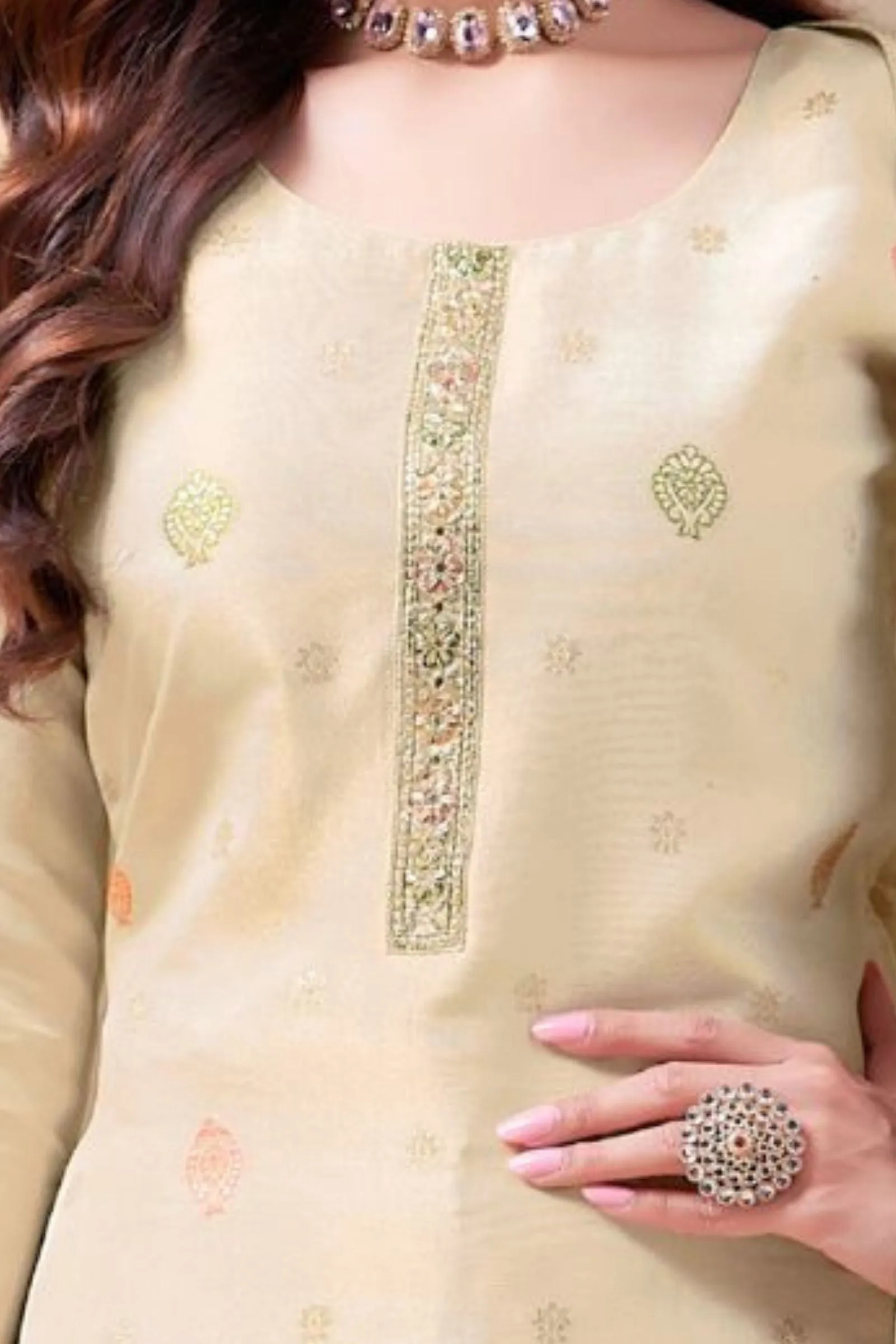 Cream Banaras, Zardozi, Thread and Sequins work Straight Cut Salwar Suit