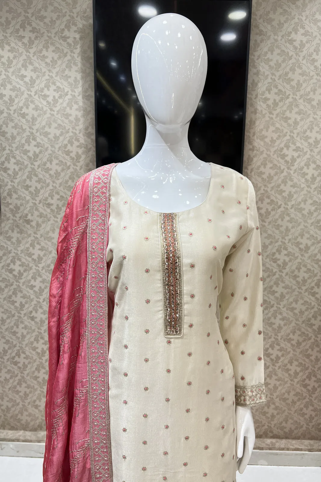 Cream Zari, Sequins, Mirror, Beads and Zardozi work Straight Cut Salwar Suit