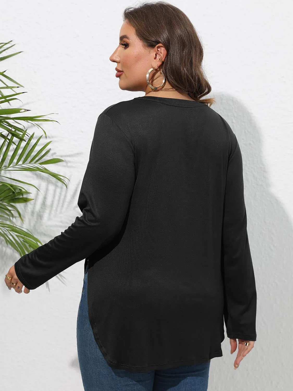 Curvy Round Neck Long Sleeve Side Slit Shirt