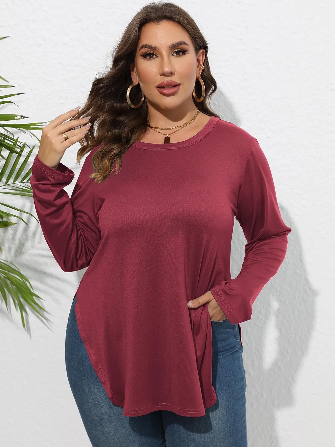 Curvy Round Neck Long Sleeve Side Slit Shirt