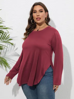 Curvy Round Neck Long Sleeve Side Slit Shirt