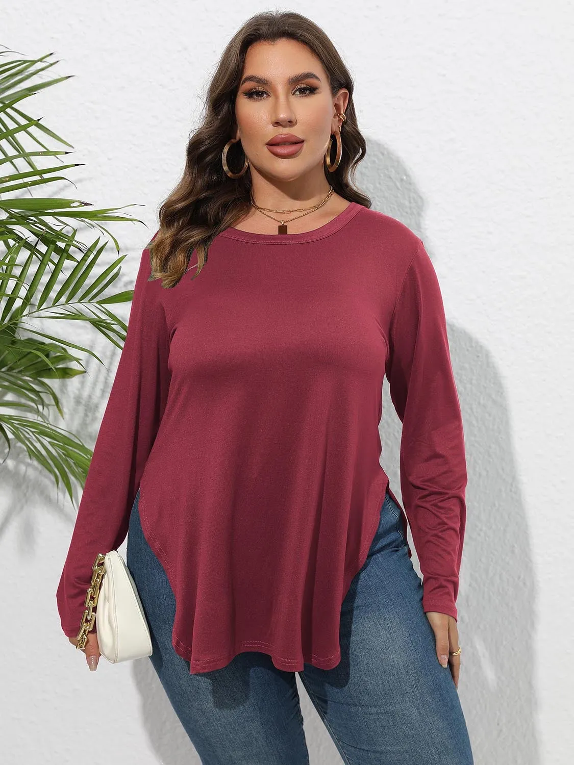 Curvy Round Neck Long Sleeve Side Slit Shirt