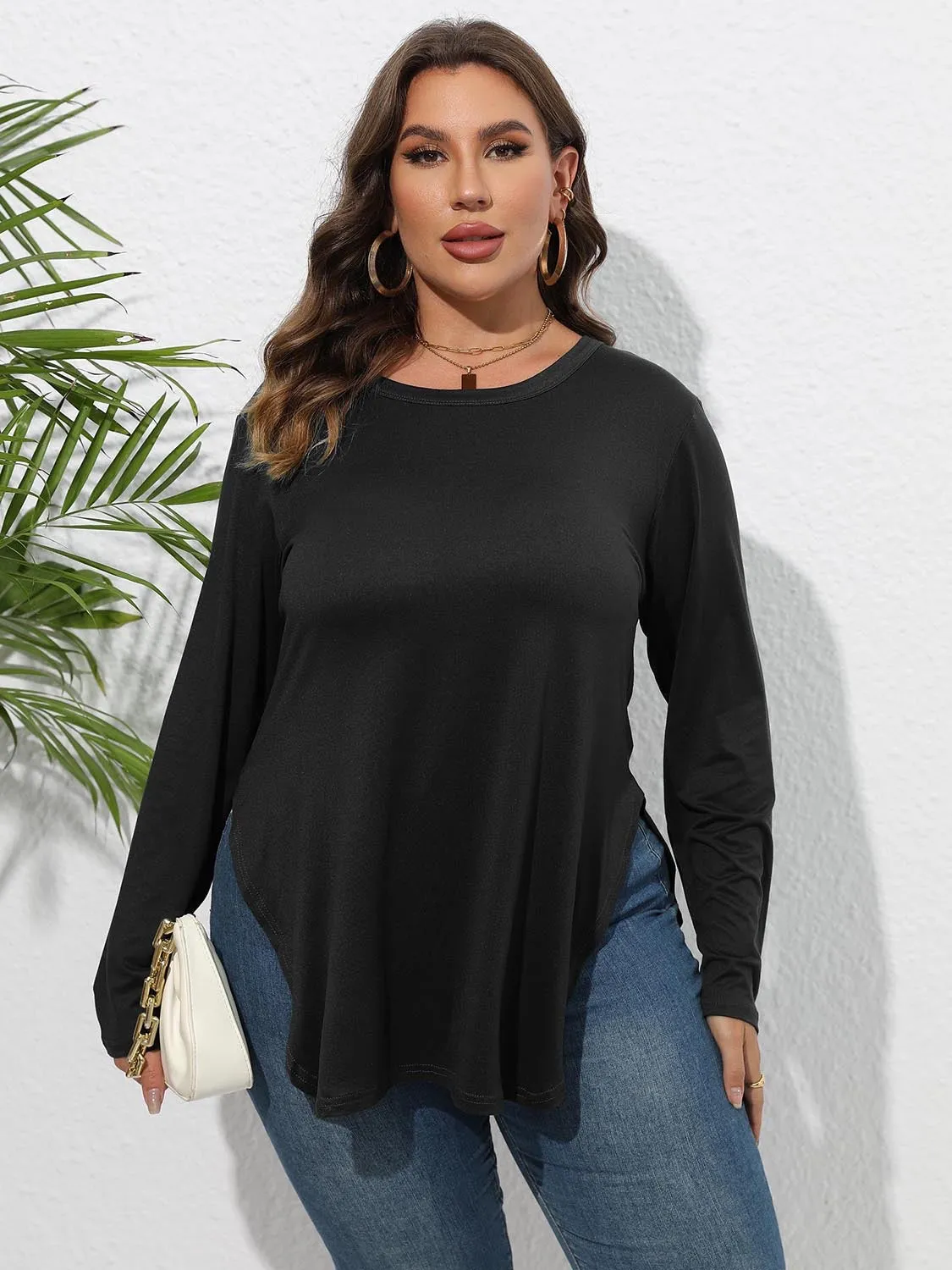 Curvy Round Neck Long Sleeve Side Slit Shirt