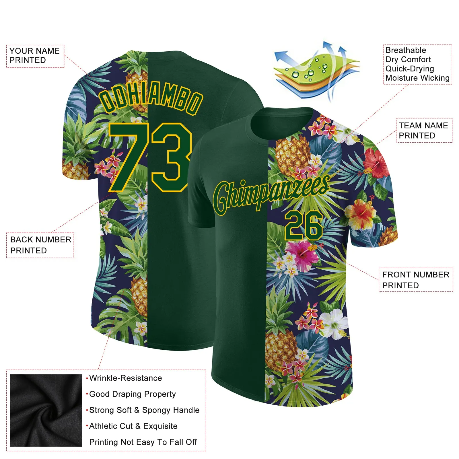 Custom 3D Pattern Design Tropical Pattern With Pineapples Palm Leaves And Flowers Performance T-Shirt