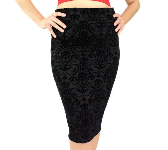 Damask Black High Waisted Fitted Pencil Skirt Plus Size