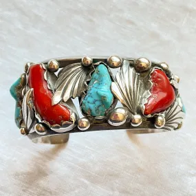 Dan Simplicio Vintage Sterling Turquoise Coral Statement Cuff Bracelet