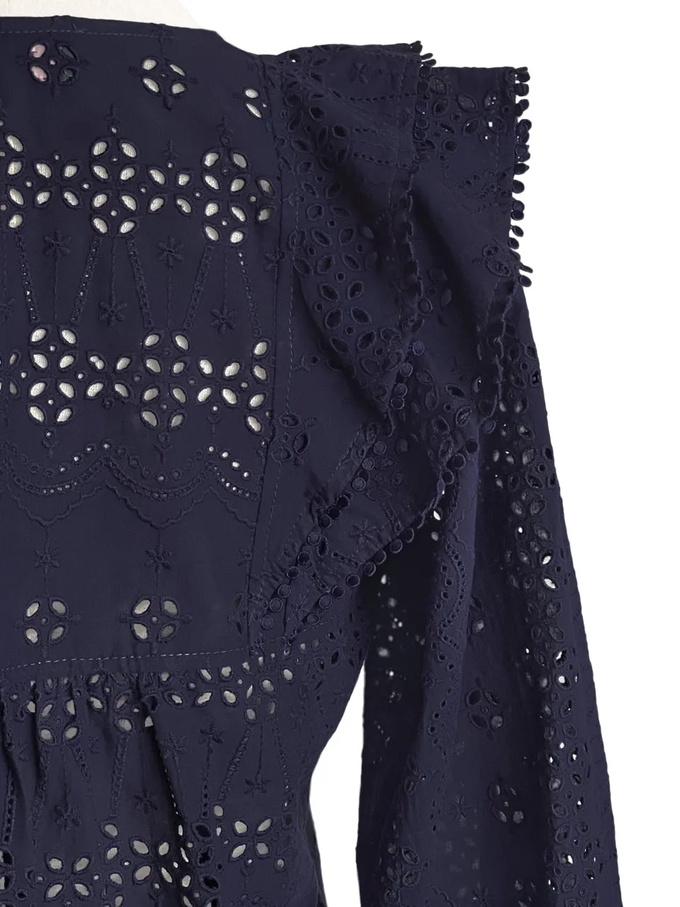 Dark Navy Lace Ruffle Puff Sleeve Eyelet Cotton Blouse