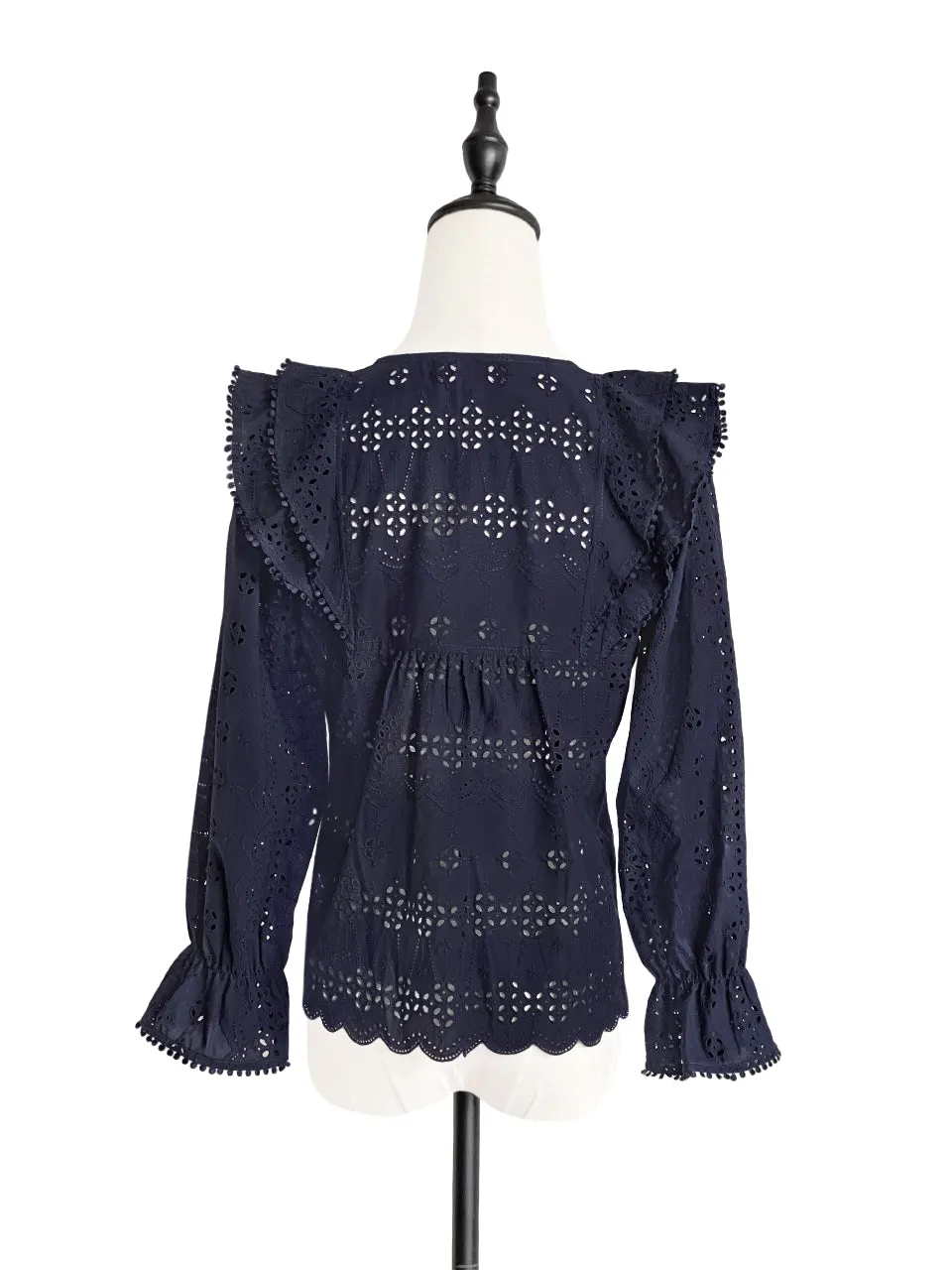 Dark Navy Lace Ruffle Puff Sleeve Eyelet Cotton Blouse