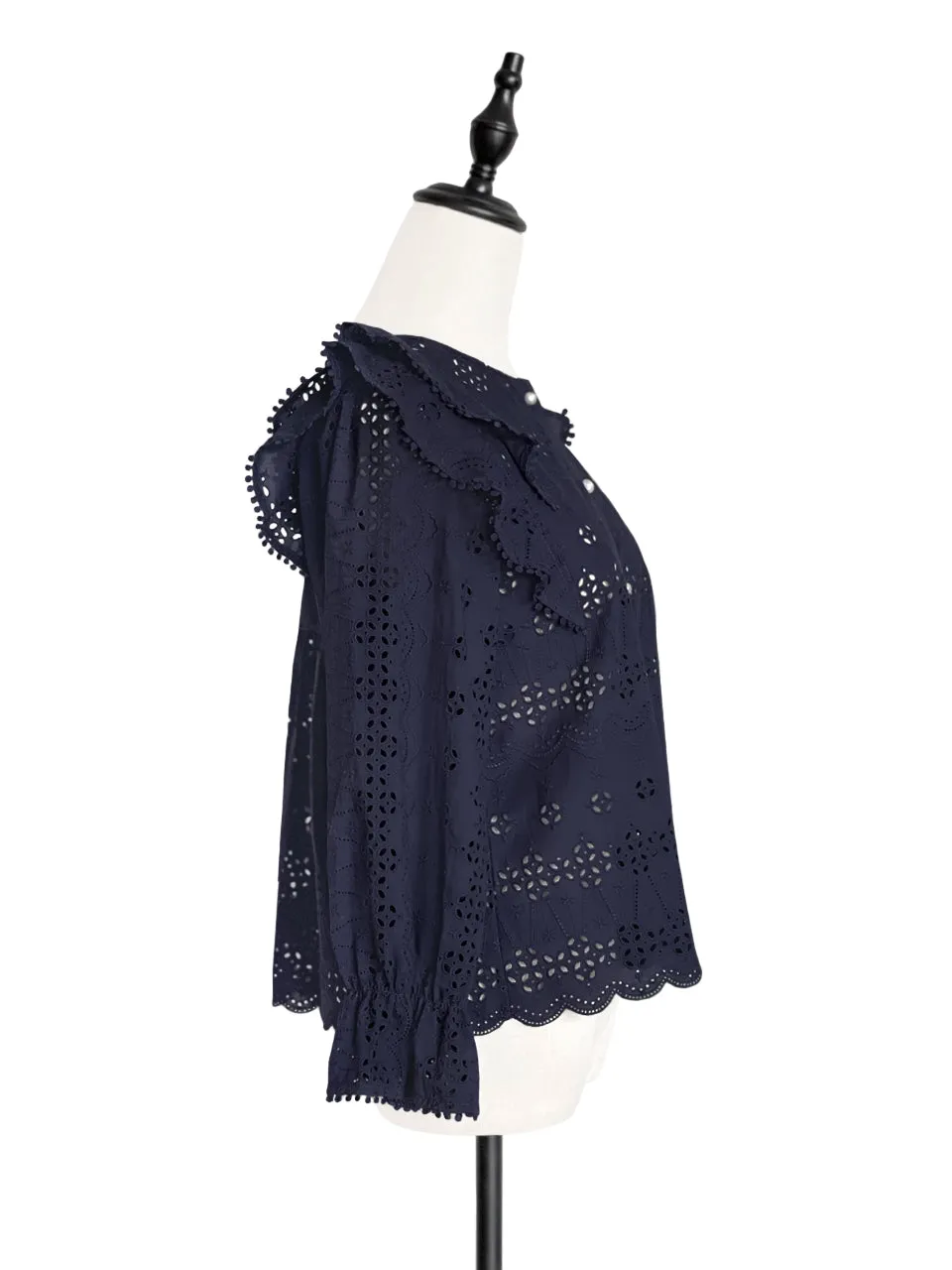 Dark Navy Lace Ruffle Puff Sleeve Eyelet Cotton Blouse