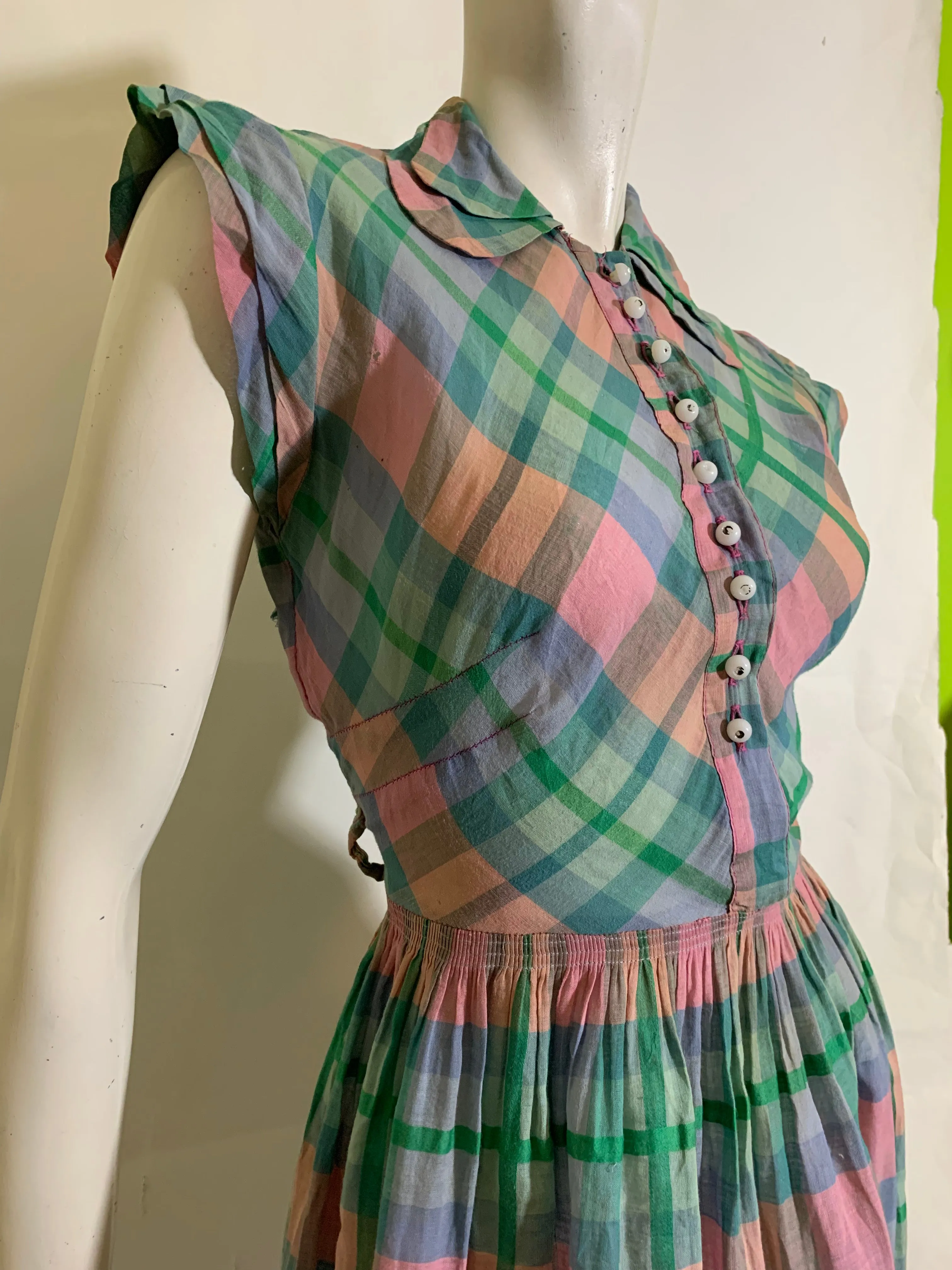 Darling Pastel Plaid Voile Cotton Day Dress circa 1940s