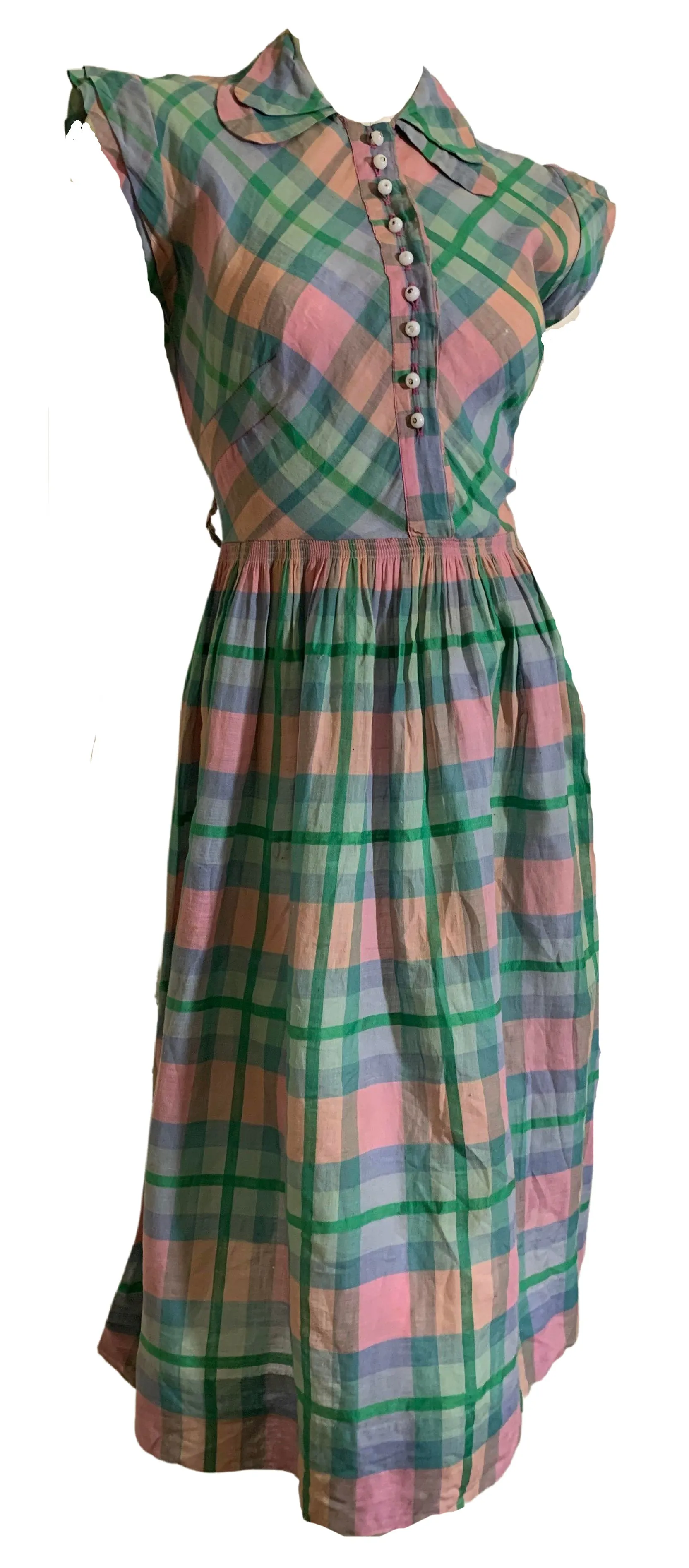 Darling Pastel Plaid Voile Cotton Day Dress circa 1940s