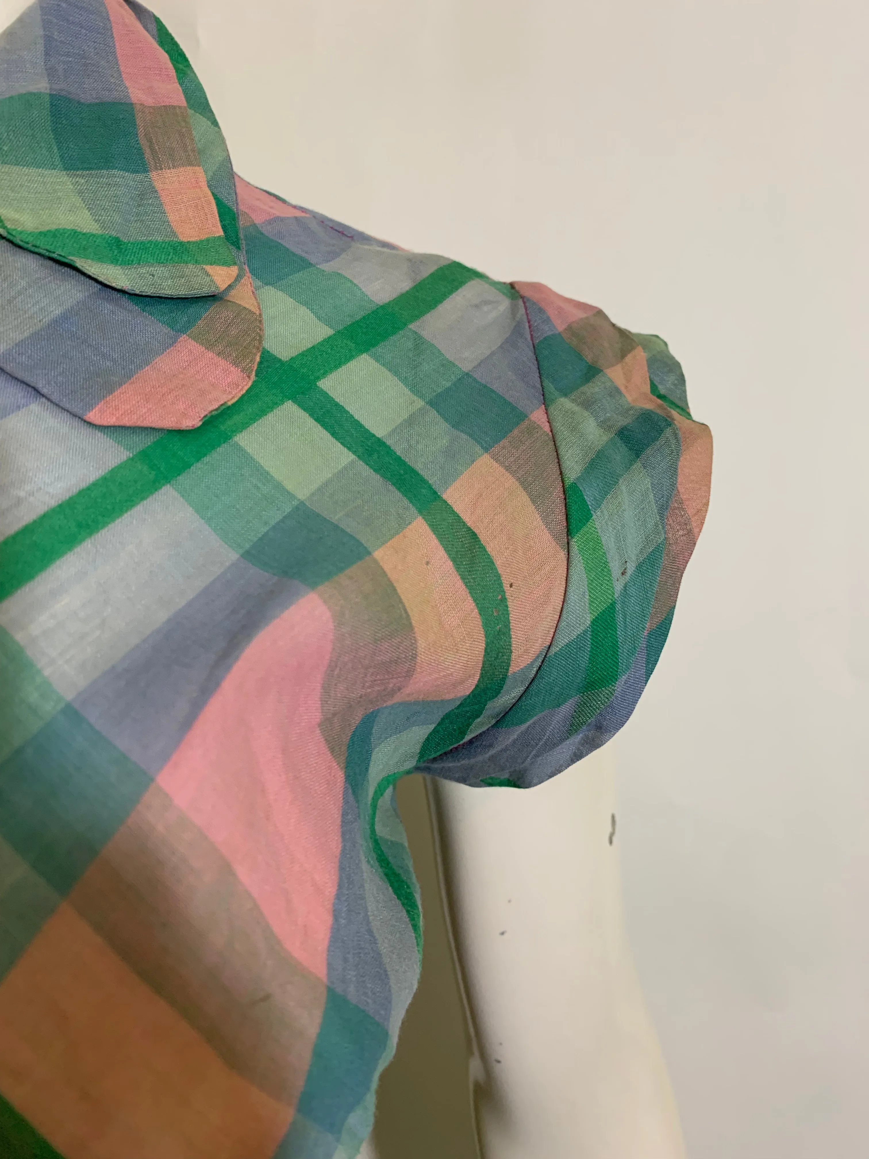 Darling Pastel Plaid Voile Cotton Day Dress circa 1940s