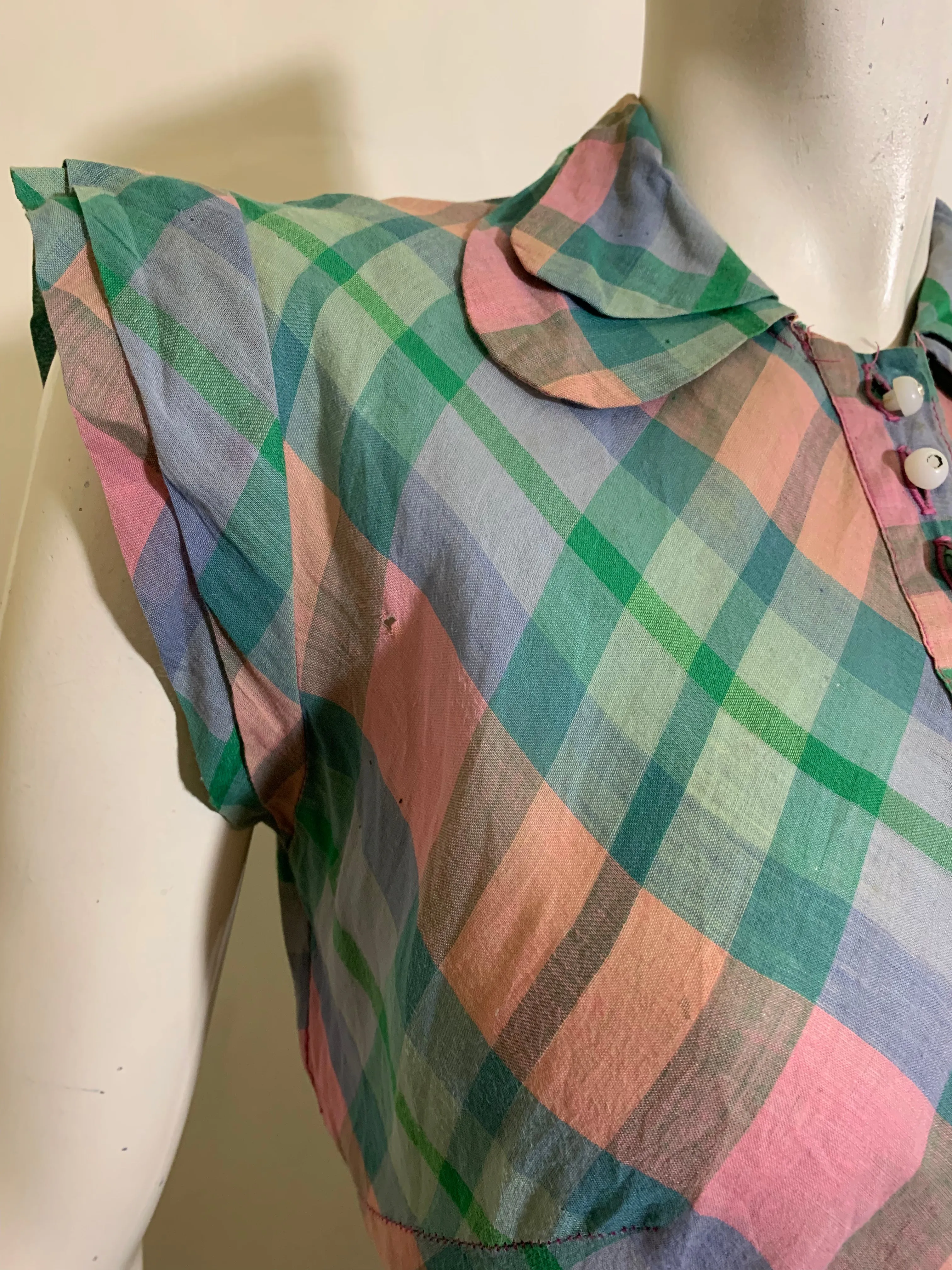 Darling Pastel Plaid Voile Cotton Day Dress circa 1940s