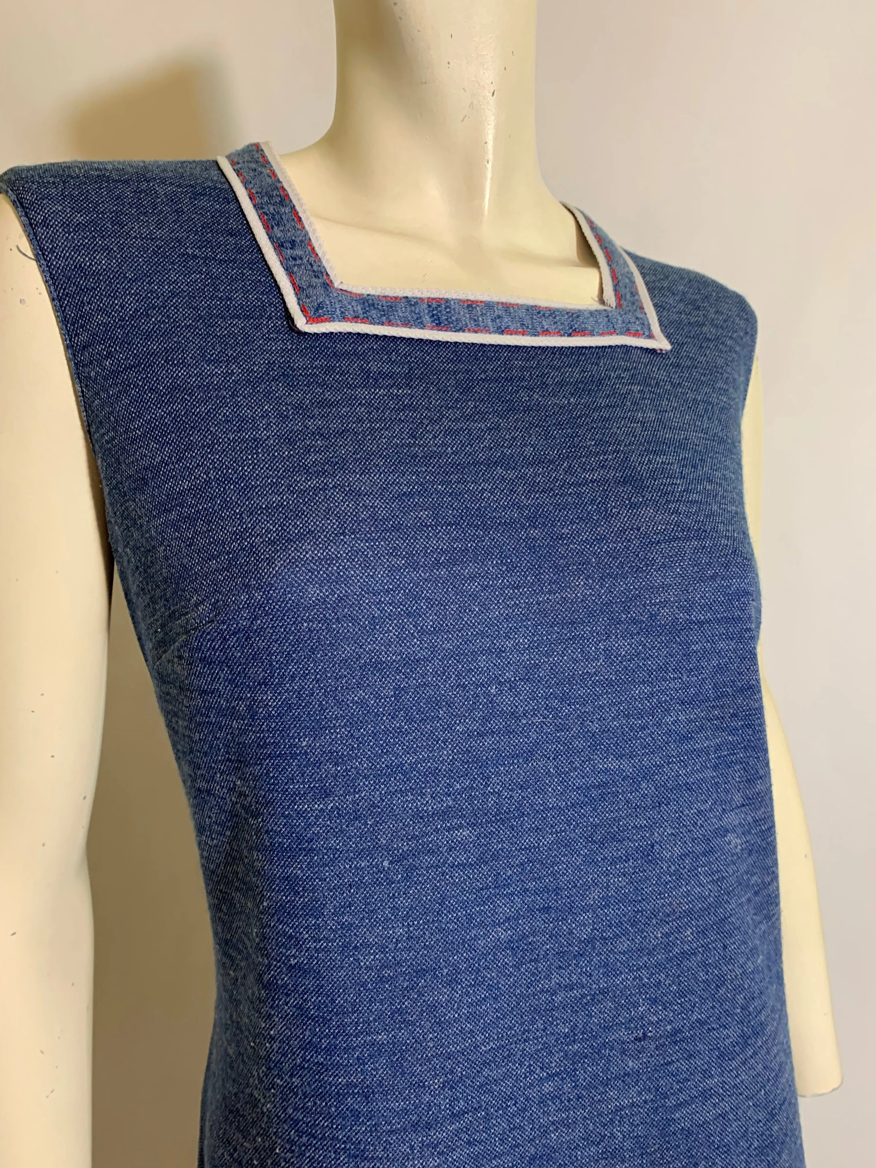 Denim Blue Poly Knit Shift Dress with Red and White Neckline circa 1960s