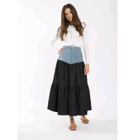 Denim Combo Midi Maxi Skirt