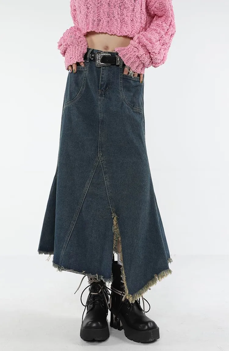 Distressed Hem Fishtail Denim Midi Skirt