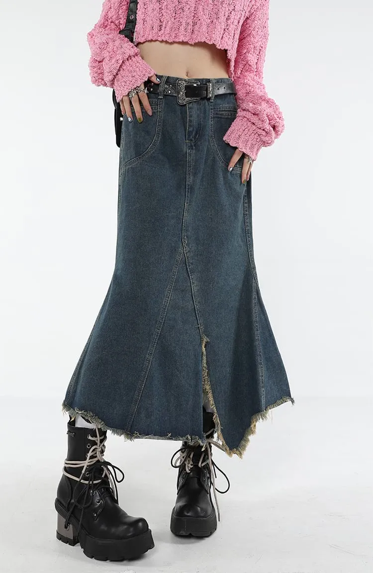 Distressed Hem Fishtail Denim Midi Skirt