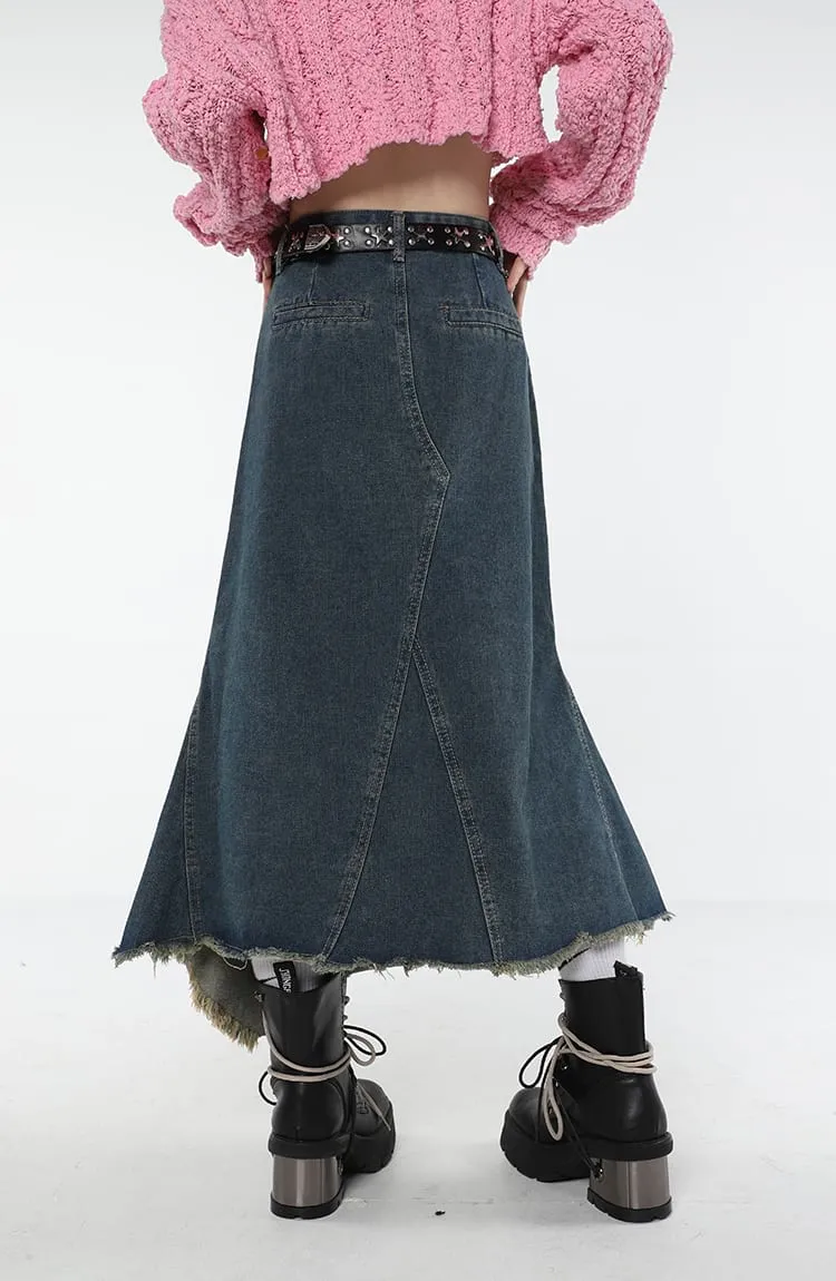 Distressed Hem Fishtail Denim Midi Skirt