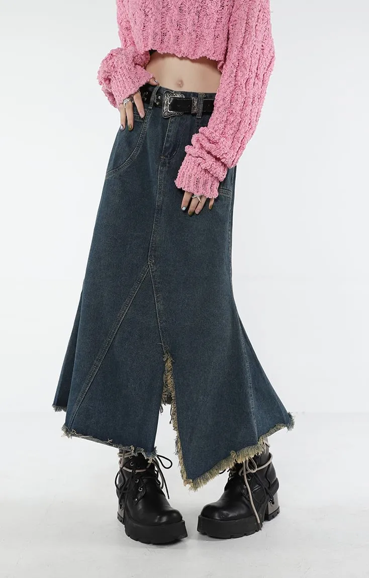 Distressed Hem Fishtail Denim Midi Skirt