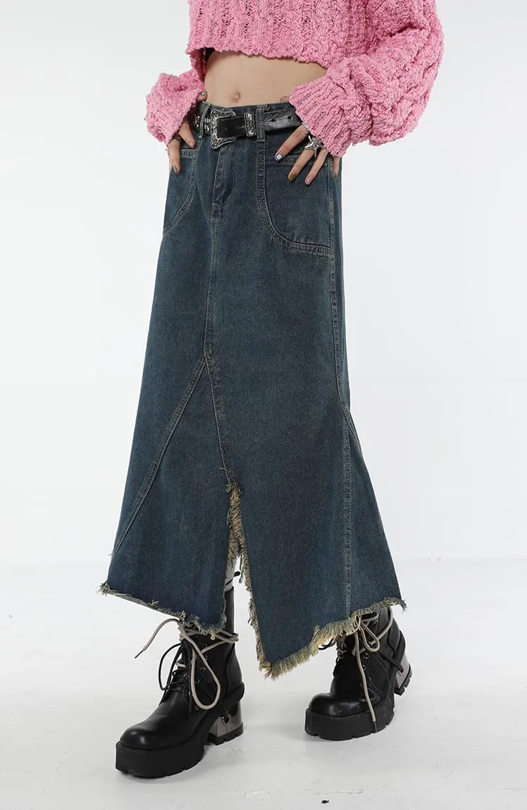 Distressed Hem Fishtail Denim Midi Skirt