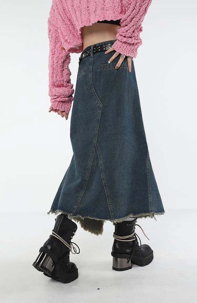 Distressed Hem Fishtail Denim Midi Skirt