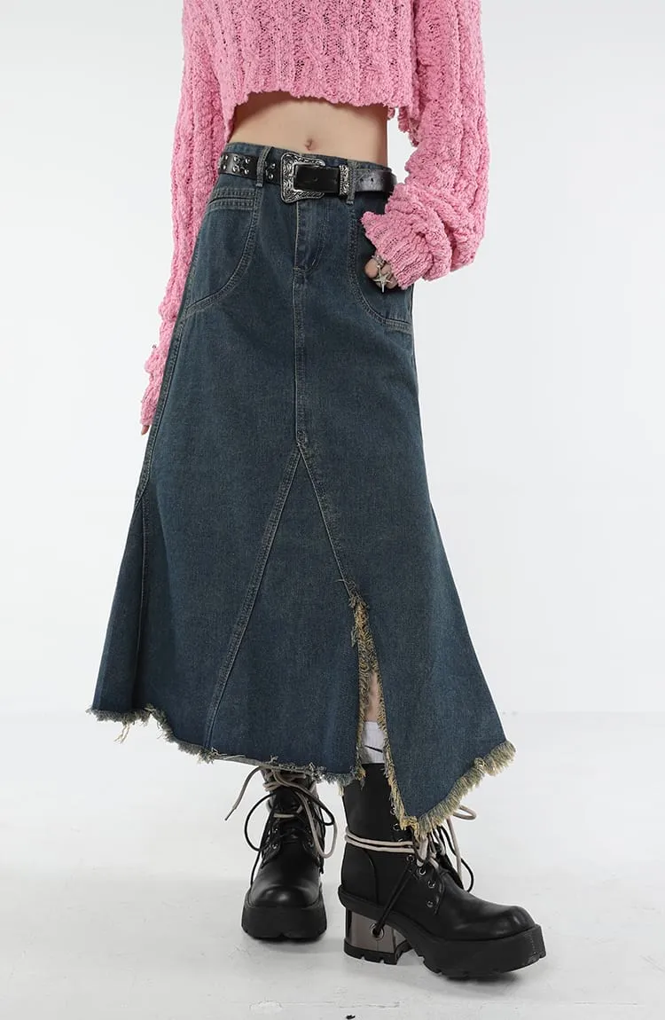 Distressed Hem Fishtail Denim Midi Skirt