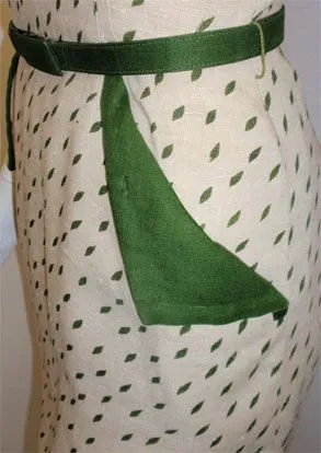 DON LOPER Cream with Green Pattern Dress and Tie Belt