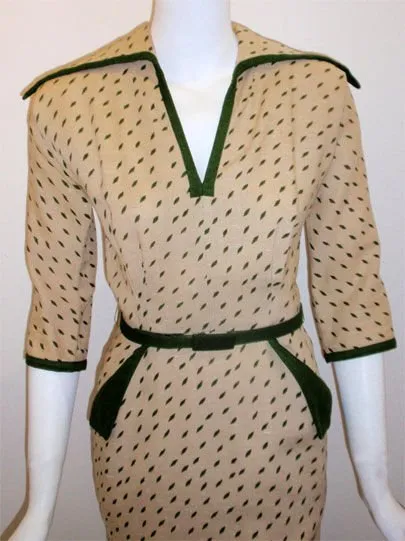 DON LOPER Cream with Green Pattern Dress and Tie Belt