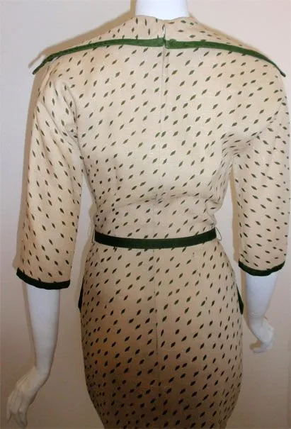 DON LOPER Cream with Green Pattern Dress and Tie Belt