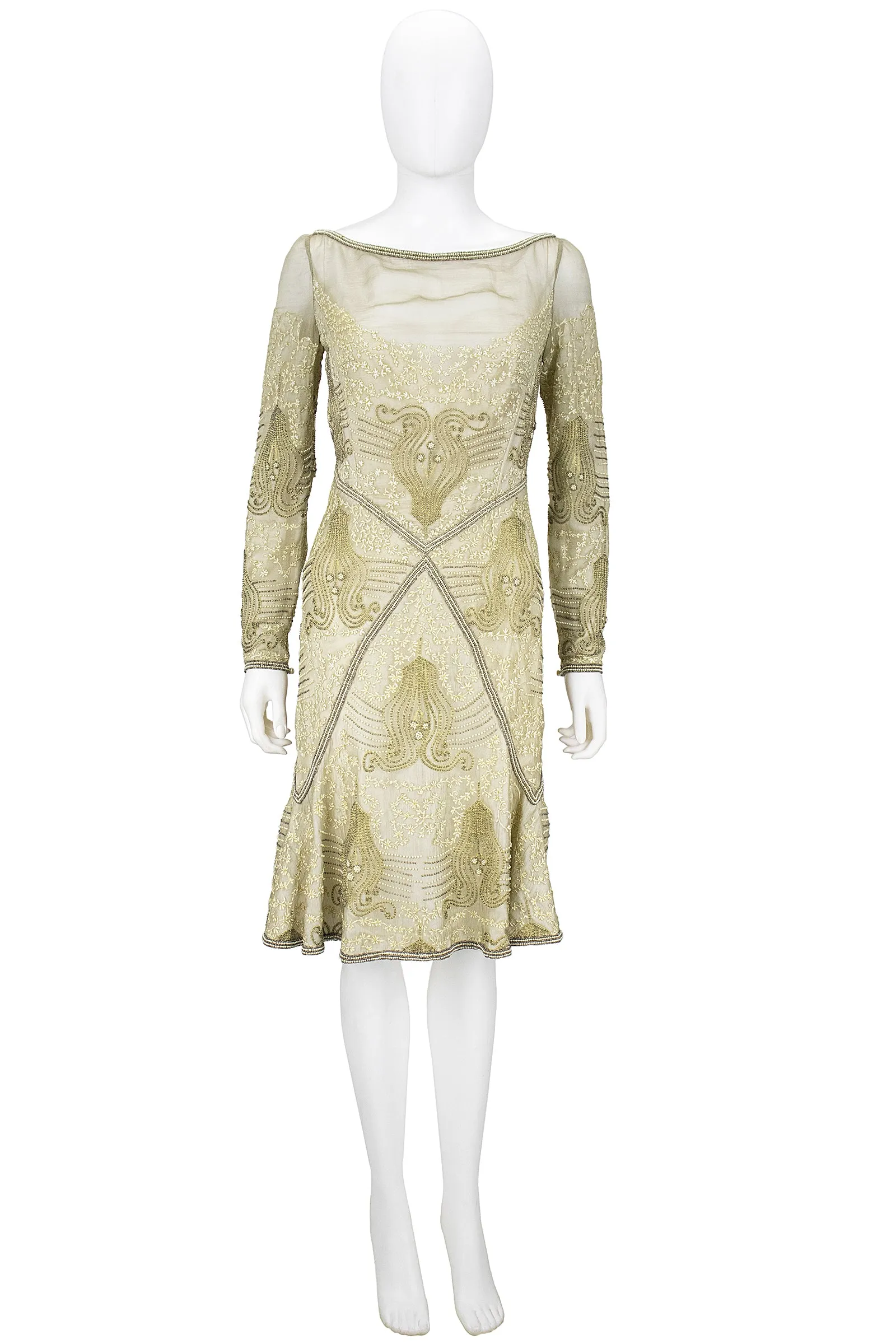 EAVIS & BROWN 1990s Gold Beaded Silk Chiffon Cocktail Dress