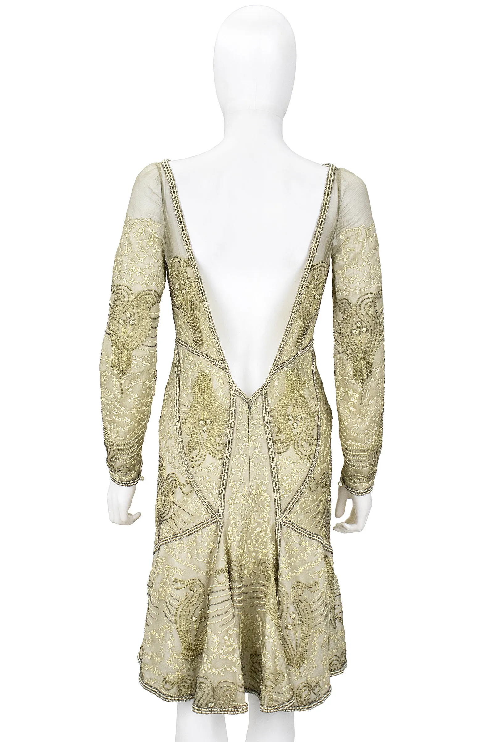 EAVIS & BROWN 1990s Gold Beaded Silk Chiffon Cocktail Dress