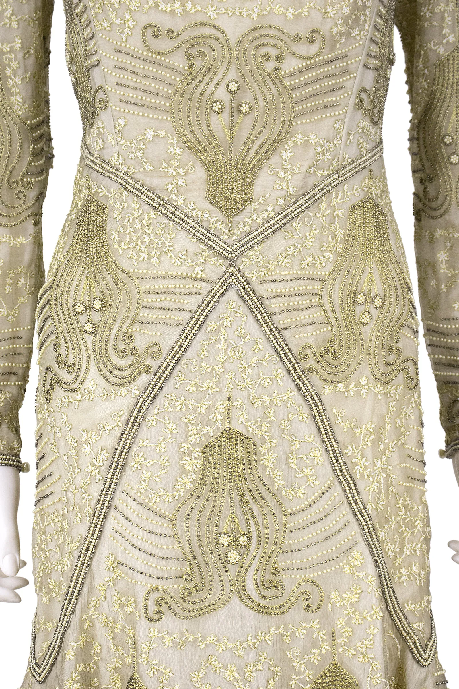 EAVIS & BROWN 1990s Gold Beaded Silk Chiffon Cocktail Dress