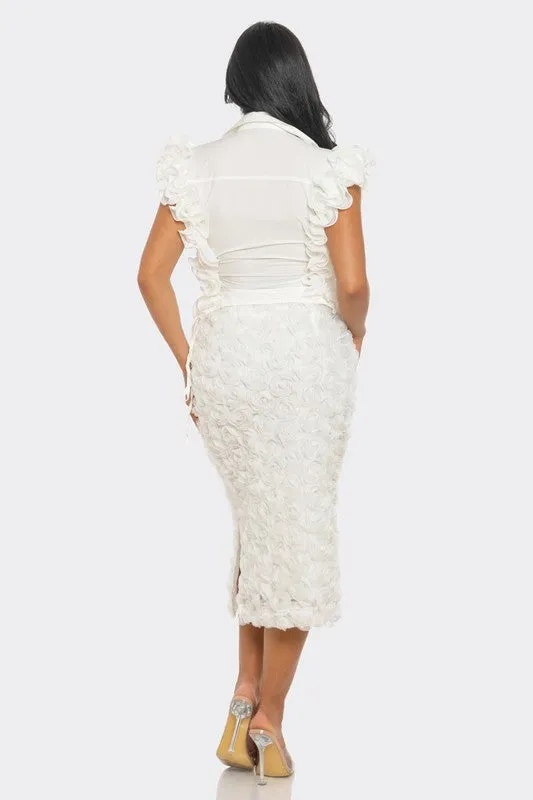 Elegant Rosette Embellished White Skirt Set