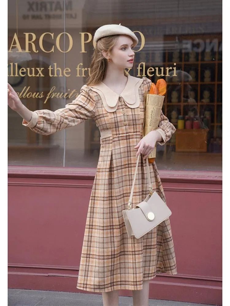 Elise Vintage Elegant Double-Layer Collar Long Sleeve Plaid Woolen Midi Dress