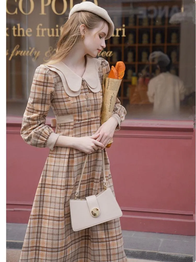 Elise Vintage Elegant Double-Layer Collar Long Sleeve Plaid Woolen Midi Dress