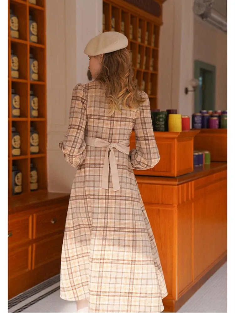 Elise Vintage Elegant Double-Layer Collar Long Sleeve Plaid Woolen Midi Dress