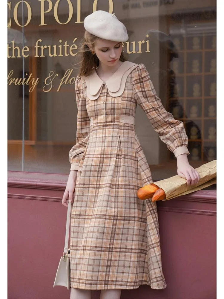 Elise Vintage Elegant Double-Layer Collar Long Sleeve Plaid Woolen Midi Dress