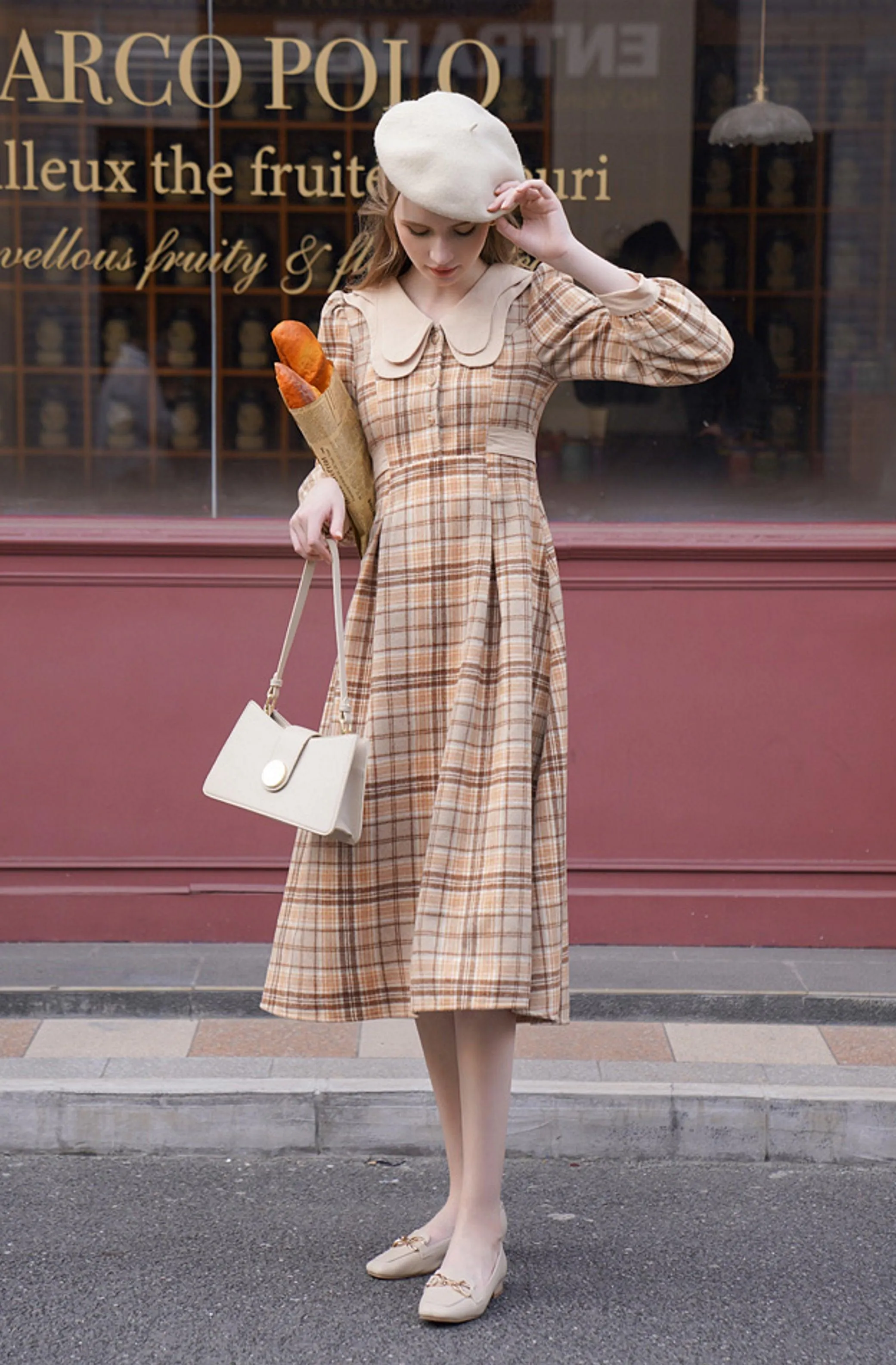 Elise Vintage Elegant Double-Layer Collar Long Sleeve Plaid Woolen Midi Dress