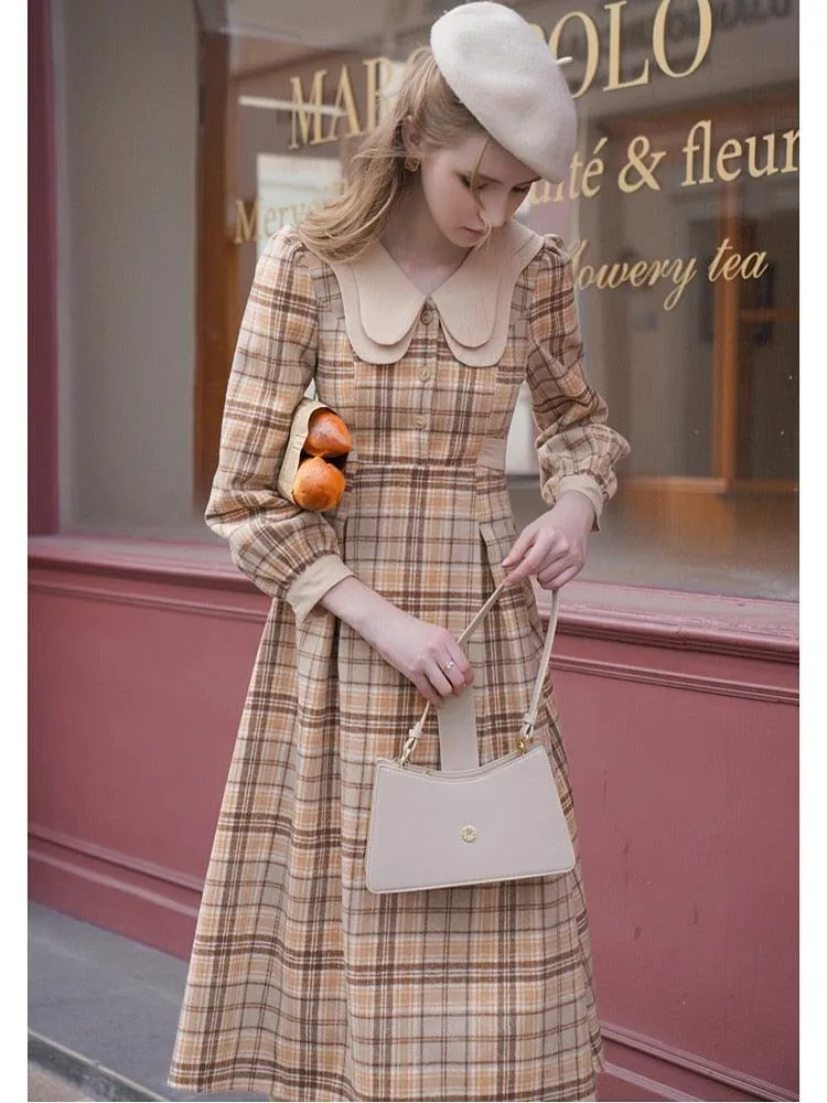 Elise Vintage Elegant Double-Layer Collar Long Sleeve Plaid Woolen Midi Dress