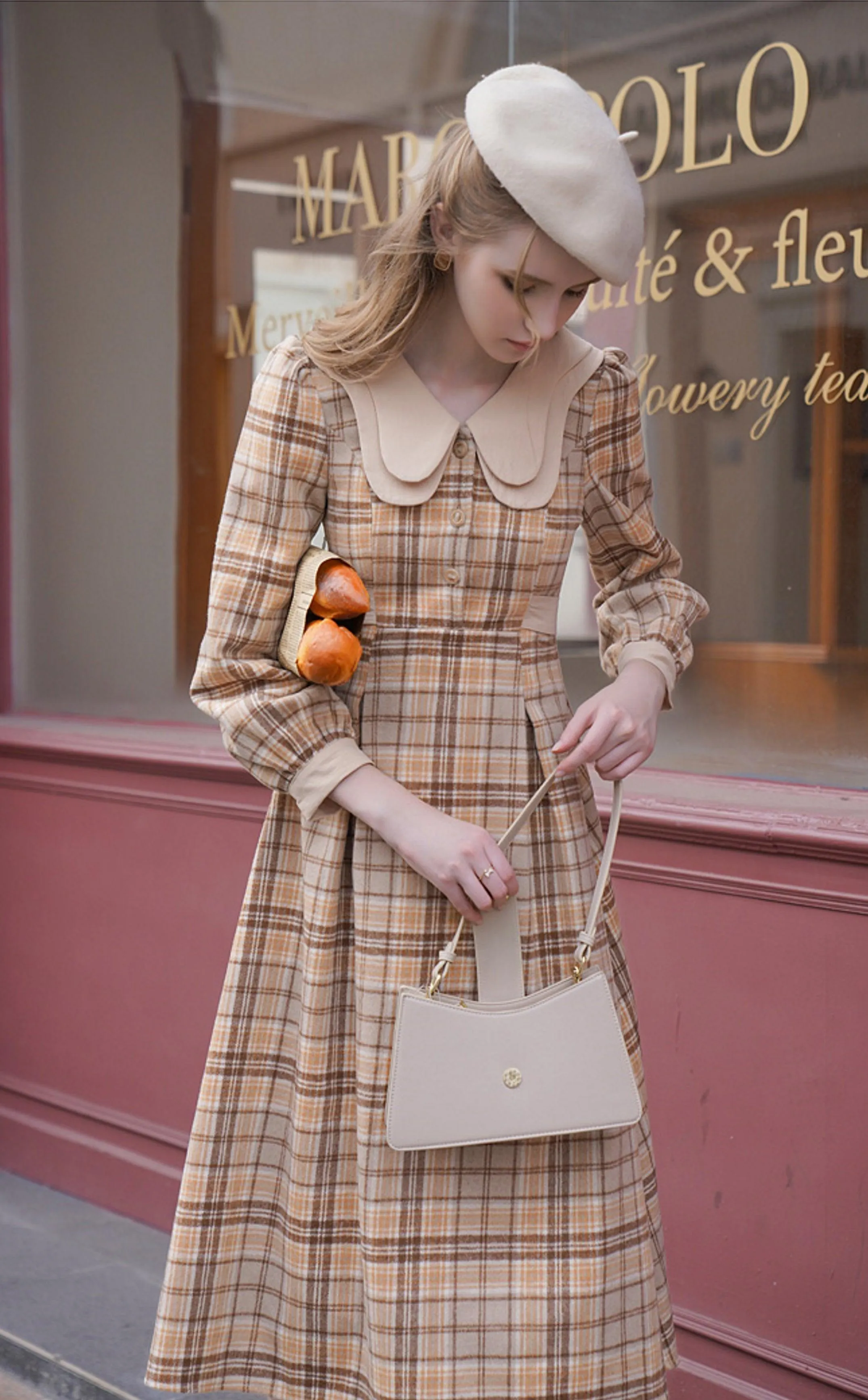 Elise Vintage Elegant Double-Layer Collar Long Sleeve Plaid Woolen Midi Dress